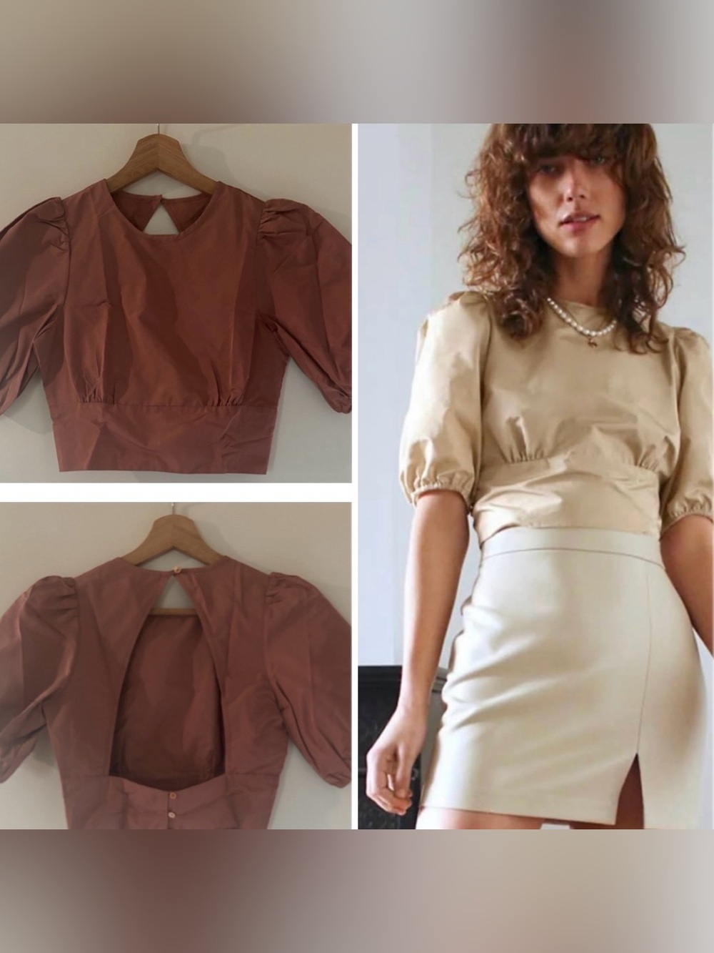 Open-Back Puff Sleeve Women's cropped top blouse in pink